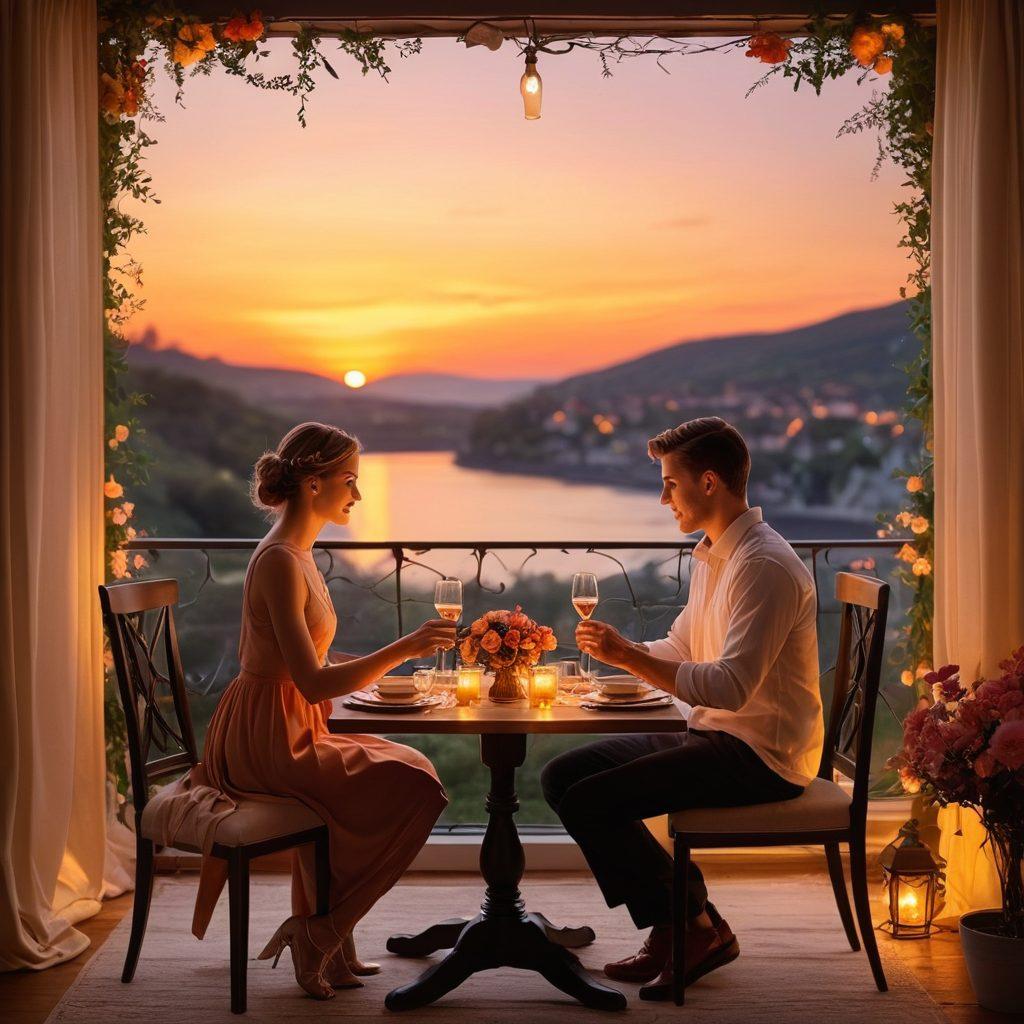 A cozy candlelit dinner for two, set on a beautifully decorated table with soft flowers and delicate fairy lights surrounding it. A backdrop of a sunset sky creates a warm, romantic atmosphere, while a couple shares a tender moment, gazing into each other's eyes. Reflections of light from fine wine glasses enhance the scene. super-realistic. warm colors. soft focus.