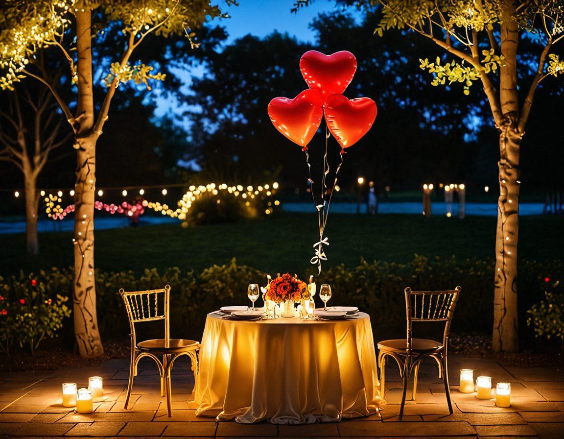 A cozy candle-lit dinner setting under a starlit sky, with two heart-shaped balloons floating above a beautifully set table adorned with flowers and romantic decorations. A delicate heart-shaped cake sits in the center, and two glasses of sparkling wine sparkle in the warm candlelight. The background hints at a serene park ambiance, enhancing the notion of romance and connection. soft focus, vibrant colors, dreamy atmosphere.