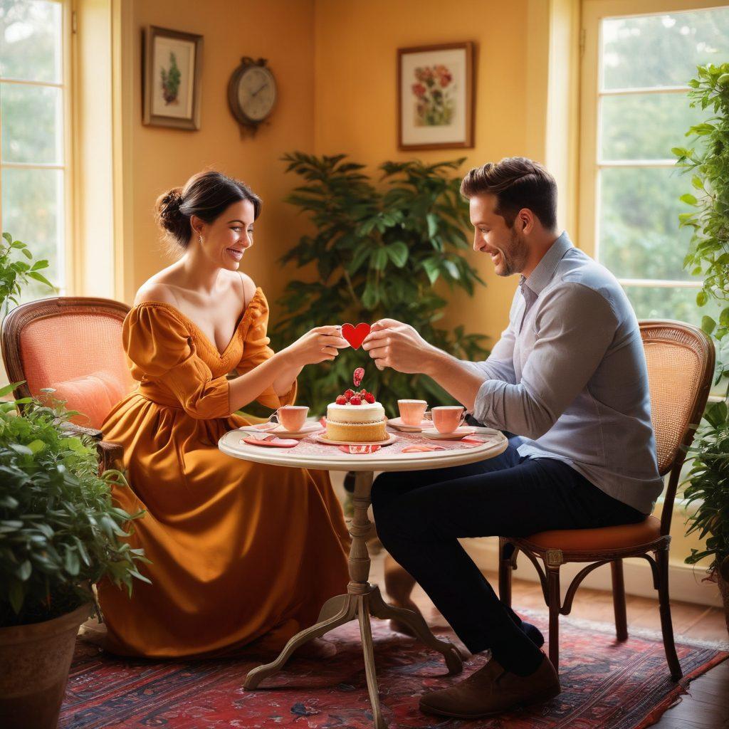 A cozy, sunlit room with two armchairs facing each other, adorned with soft cushions, a small table holding a heart-shaped cake and two steaming cups of tea. A backdrop of lush greenery and twinkling fairy lights creates an intimate atmosphere. Show two silhouettes of couples engaging in a playful game of cards, laughter evident in their postures. The warm color palette evokes love and connection. romantic painting. vibrant colors.